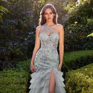 Formal Dress Embroidered With Sequins Ruffled Long Skirt & Zipper Back CD A1260